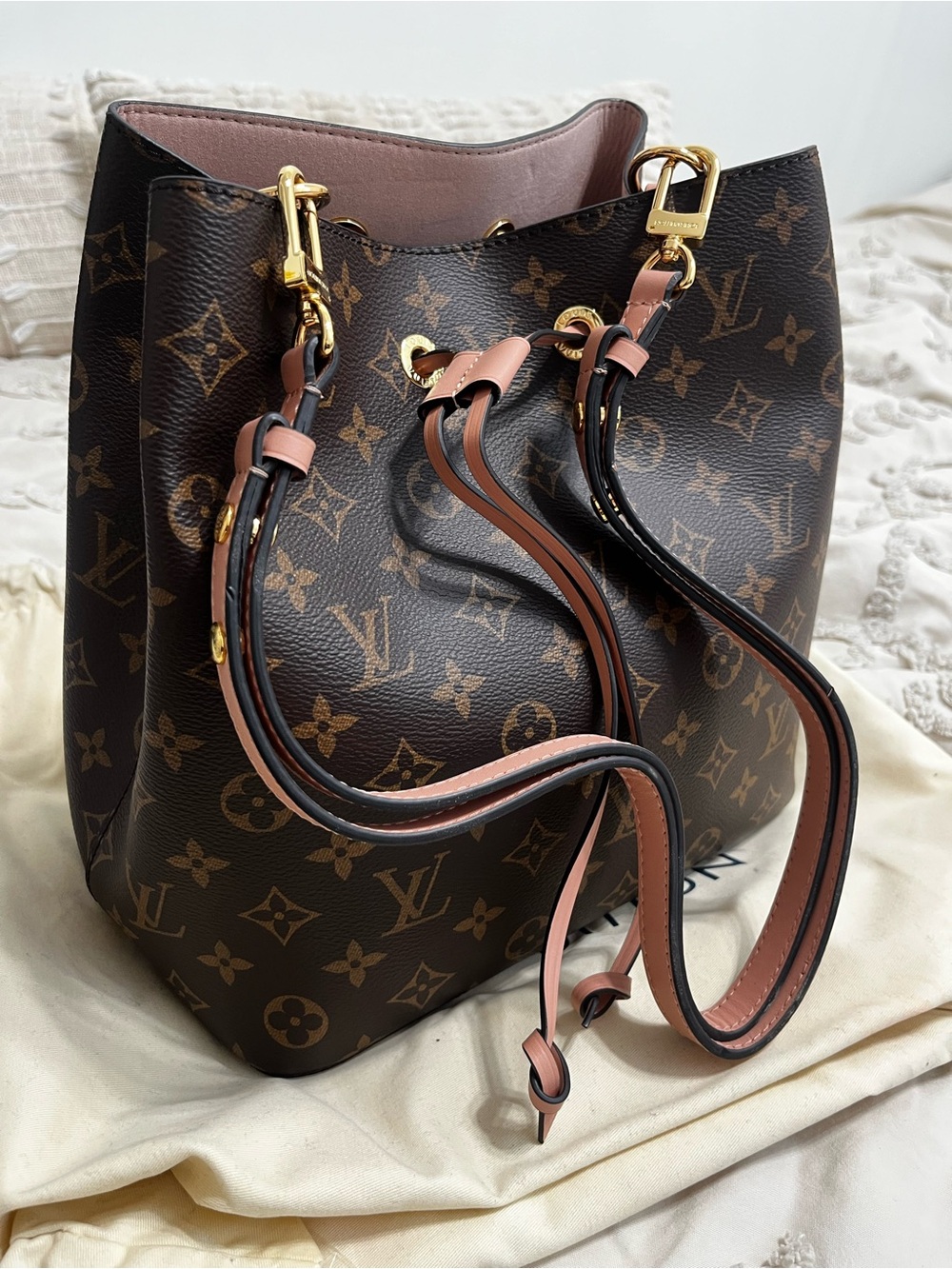Monogram Bucket Shoulder Bag in Brown with Pink Trim